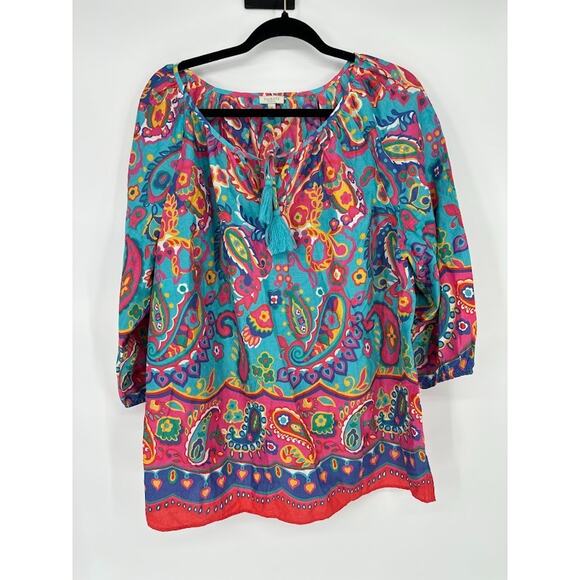 Talbots Fiesta Paisley Tassel Cotton Popover Top Blouse Size 1X Colorful Artsy - Picture 2 of 9